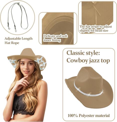 Cowboy Hat for Women Men 6 Sparkly Stars Brim & Rhinestone Belt Western Cowgirl Hat with Sunglasses Bandanas in Kuwait