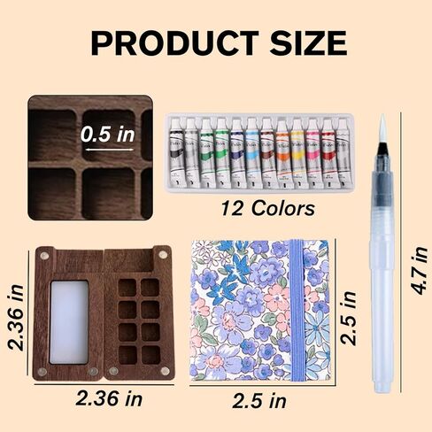 Aimery Mini Watercolor Paint Set, Miniature Tiny Compact Pocket Water Color Palette Painting Travel Kit with Sketchbook & Wooden 8 Grid Paint Box, Travel Ready Paint Palette Bundle(Lavender) in Kuwait