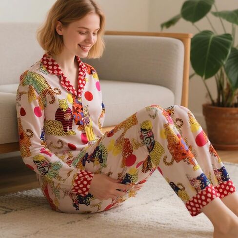Satin Pajama Set Women, Two Piece Sleepwear Set, Long Sleeve Loungewear Matching Top Bottom Outfit Home Lounging in Saudi Arabia