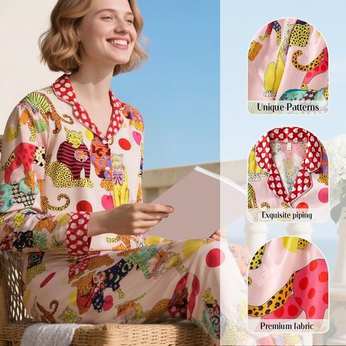 Satin Pajama Set Women, Two Piece Sleepwear Set, Long Sleeve Loungewear Matching Top Bottom Outfit Home Lounging in Saudi Arabia