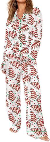 Meiweileya Christmas Tree Cake Pajamas for Women Satin Button Down Shirt Pants 2 Piece Holiday Set Cute Pj Party Friends Pjs in Kuwait