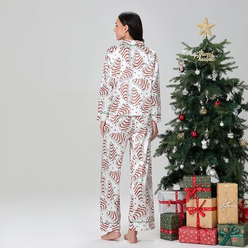 Meiweileya Christmas Tree Cake Pajamas for Women Satin Button Down Shirt Pants 2 Piece Holiday Set Cute Pj Party Friends Pjs in Kuwait