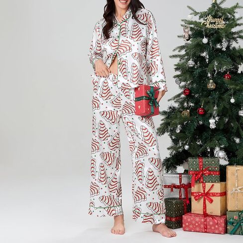 Meiweileya Christmas Tree Cake Pajamas for Women Satin Button Down Shirt Pants 2 Piece Holiday Set Cute Pj Party Friends Pjs in Kuwait