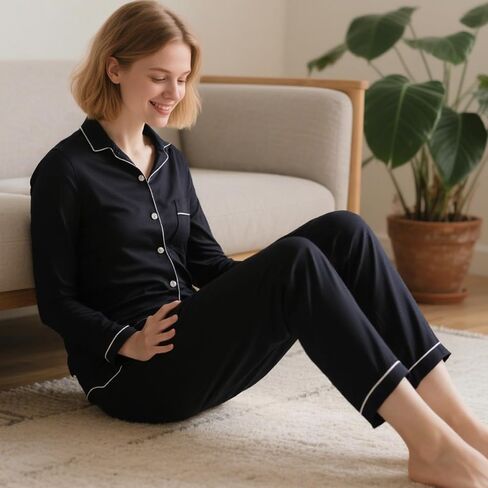 Satin Pajama Set Women, Two Piece Sleepwear Set, Long Sleeve Loungewear Matching Top Bottom Outfit Home Lounging in Saudi Arabia