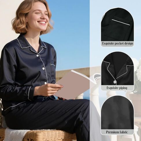 Satin Pajama Set Women, Two Piece Sleepwear Set, Long Sleeve Loungewear Matching Top Bottom Outfit Home Lounging in Saudi Arabia