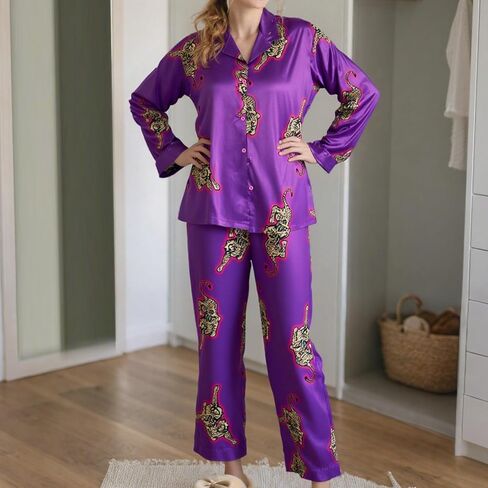 Satin Pajama Set Women, Two Piece Sleepwear Set, Long Sleeve Loungewear Matching Top Bottom Outfit Home Lounging in Saudi Arabia