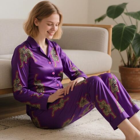 Satin Pajama Set Women, Two Piece Sleepwear Set, Long Sleeve Loungewear Matching Top Bottom Outfit Home Lounging in Saudi Arabia