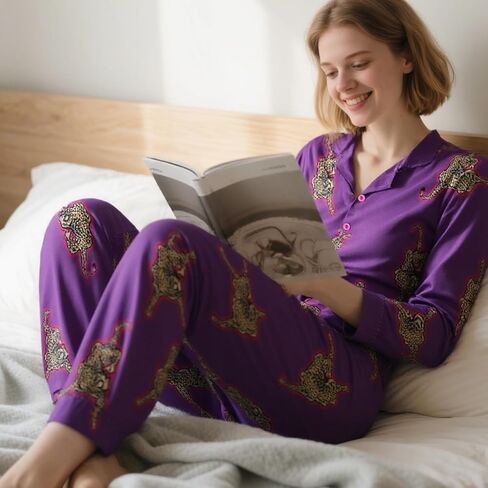 Satin Pajama Set Women, Two Piece Sleepwear Set, Long Sleeve Loungewear Matching Top Bottom Outfit Home Lounging in Saudi Arabia
