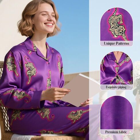 Satin Pajama Set Women, Two Piece Sleepwear Set, Long Sleeve Loungewear Matching Top Bottom Outfit Home Lounging in Saudi Arabia