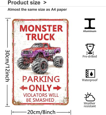 Monster Truck Parking Only Metal Sign, Boys Bedroom Monster Truck Parking Wall Decor, Birthday Decorations Party Supplies, Monster Truck Wall Decor Poster for Boys Kids, 8x12 Inch in Saudi Arabia