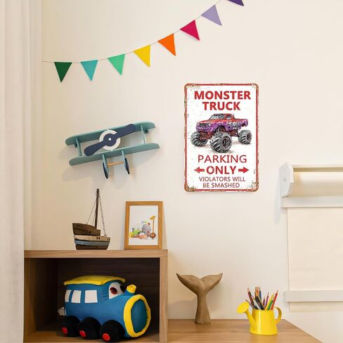 Monster Truck Parking Only Metal Sign, Boys Bedroom Monster Truck Parking Wall Decor, Birthday Decorations Party Supplies, Monster Truck Wall Decor Poster for Boys Kids, 8x12 Inch in Saudi Arabia