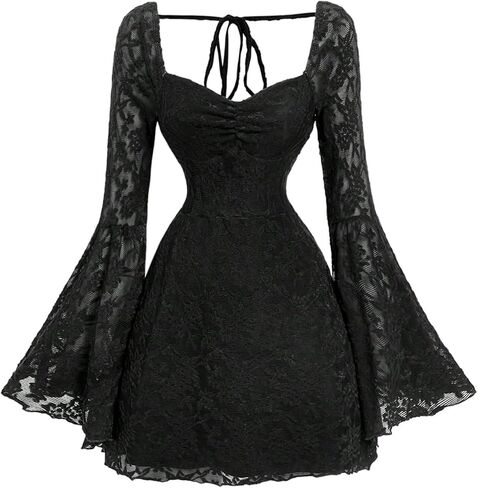 GORGLITTER Women's Lace Dress Tie Back Ruched Bust Bell Long Sleeve Sweetheart Neck Y2k A Line Mini Dresses in Saudi Arabia