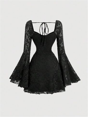 GORGLITTER Women's Lace Dress Tie Back Ruched Bust Bell Long Sleeve Sweetheart Neck Y2k A Line Mini Dresses in Saudi Arabia