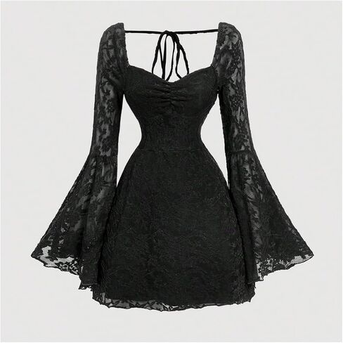 GORGLITTER Women's Lace Dress Tie Back Ruched Bust Bell Long Sleeve Sweetheart Neck Y2k A Line Mini Dresses in Saudi Arabia