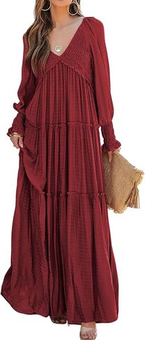 Women Summer Casual V Neck Long Sleeve Maxi Dresses 2025 Solid Ruffle Tiered Pleated Flowy Long Wedding Guest Dress in Saudi Arabia