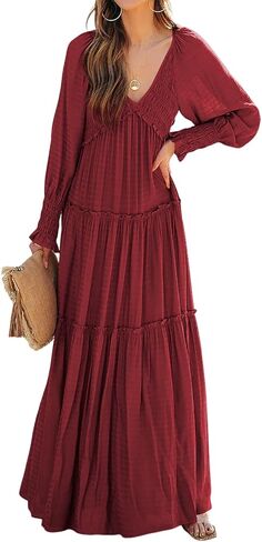 Women Summer Casual V Neck Long Sleeve Maxi Dresses 2025 Solid Ruffle Tiered Pleated Flowy Long Wedding Guest Dress in Saudi Arabia