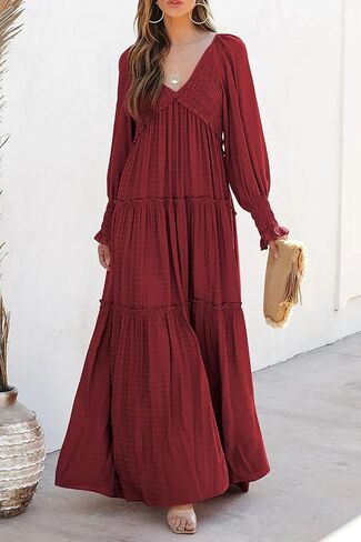Women Summer Casual V Neck Long Sleeve Maxi Dresses 2025 Solid Ruffle Tiered Pleated Flowy Long Wedding Guest Dress in Saudi Arabia