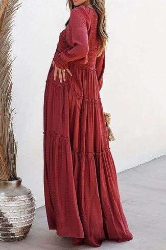 Women Summer Casual V Neck Long Sleeve Maxi Dresses 2025 Solid Ruffle Tiered Pleated Flowy Long Wedding Guest Dress in Saudi Arabia
