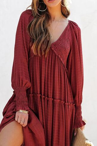 Women Summer Casual V Neck Long Sleeve Maxi Dresses 2025 Solid Ruffle Tiered Pleated Flowy Long Wedding Guest Dress in Saudi Arabia