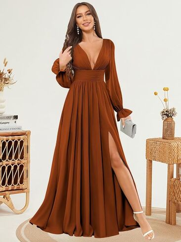V Neck Chiffon Bridesmaid Dresses for Women Long Sleeve Ruched Fall Evening Formal Dress with Slit in Saudi Arabia