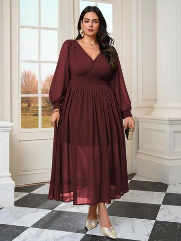 فستان SCOMCHIC للسيدات مقاس كبير فساتين رسمية من الشيفون لحفلات الزفاف وأكمام طويلة ورقبة على شكل حرف V فستان طويل بفتحة واسعة in Kuwait