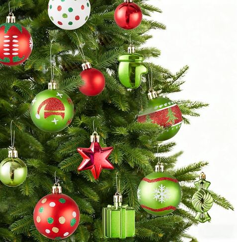 مجموعة 42 قطعة من كرات عيد الميلاد - زخارف عيد الميلاد باللونين الأحمر والأخضر، مجموعة متنوعة من زخارف شجرة عيد الميلاد المتلألئة المقاومة للكسر للمنزل وحفلات العطلات الداخلية in Saudi Arabia