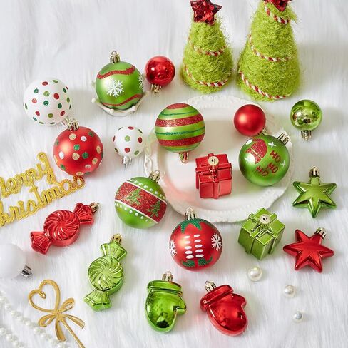 مجموعة 42 قطعة من كرات عيد الميلاد - زخارف عيد الميلاد باللونين الأحمر والأخضر، مجموعة متنوعة من زخارف شجرة عيد الميلاد المتلألئة المقاومة للكسر للمنزل وحفلات العطلات الداخلية in Saudi Arabia