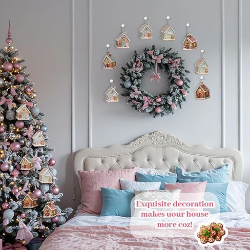 Thyle 24 Pcs Pastel Gingerbread House Ornaments for Christmas Tree Wooden Christmas Hanging Gingerbread Candy House Decoration for Xmas Tree Holiday Crafts Party Favor Gifts Holiday Decor in Saudi Arabia