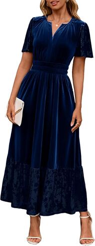 Simplee Women's Formal Velvet Maxi Dress Fall Winter V Neck Floral Short Sleeve Empire Waist Wedding Guest Dresses in Saudi Arabia