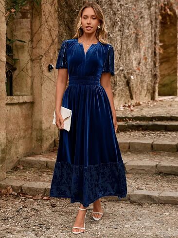 Simplee Women's Formal Velvet Maxi Dress Fall Winter V Neck Floral Short Sleeve Empire Waist Wedding Guest Dresses in Saudi Arabia