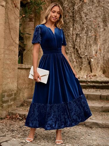 Simplee Women's Formal Velvet Maxi Dress Fall Winter V Neck Floral Short Sleeve Empire Waist Wedding Guest Dresses in Saudi Arabia