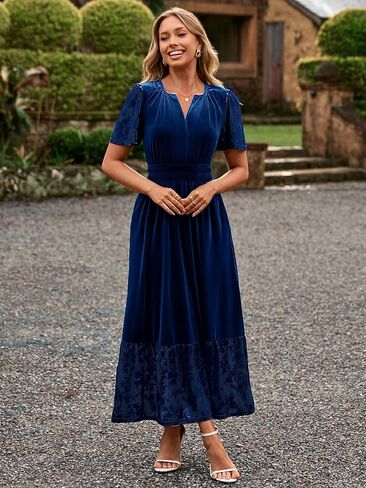Simplee Women's Formal Velvet Maxi Dress Fall Winter V Neck Floral Short Sleeve Empire Waist Wedding Guest Dresses in Saudi Arabia