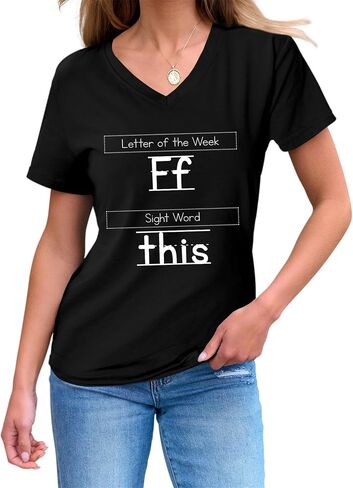 تي شيرت المعلم للنساء حرف الأسبوع F Sight Word هذا القميص برقبة على شكل حرف V تي شيرت بأكمام قصيرة in Saudi Arabia