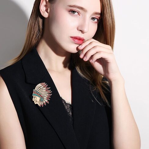 Rhinestone Indian Chief Head Brooch Pin for Women Men Gold Plated Fashion Creative Colorful Crystal Tribal Pendant Brooches Lapel Pins Delicate Hat Bag Suit Dress Accessories Holiday Festival Jewelry in Saudi Arabia
