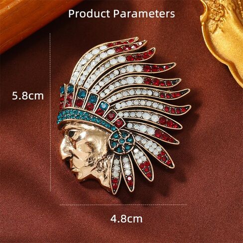 Rhinestone Indian Chief Head Brooch Pin for Women Men Gold Plated Fashion Creative Colorful Crystal Tribal Pendant Brooches Lapel Pins Delicate Hat Bag Suit Dress Accessories Holiday Festival Jewelry in Saudi Arabia