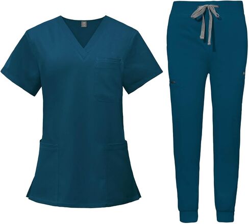 VIAOLI Women's Scrub Top & Jogger Pant with Yoga Waistband 10 Pocket Uniforms Solid Stretch Scrub Set Nursing in Kuwait