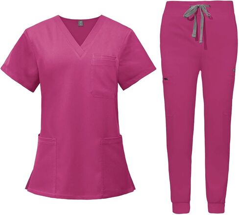 VIAOLI Women's Scrub Top & Jogger Pant with Yoga Waistband 10 Pocket Uniforms Solid Stretch Scrub Set Nursing in Kuwait