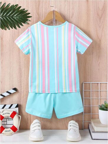 Floerns Toddler Boy's 2 Piece Outfit Striped Print Tee Top and Track Shorts Set in Saudi Arabia