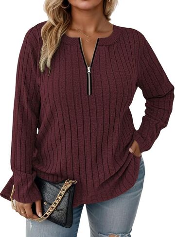 VISLILY Womens-Plus-Size-Long-Sleeve-Tops Quarter Zip Pullover Lightweight Knit Sweaters Casual Shirts Trendy Blouses Tunics in Saudi Arabia