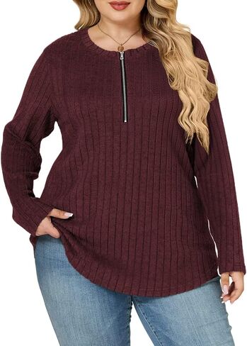 VISLILY Womens-Plus-Size-Long-Sleeve-Tops Quarter Zip Pullover Lightweight Knit Sweaters Casual Shirts Trendy Blouses Tunics in Saudi Arabia