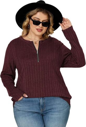 VISLILY Womens-Plus-Size-Long-Sleeve-Tops Quarter Zip Pullover Lightweight Knit Sweaters Casual Shirts Trendy Blouses Tunics in Saudi Arabia
