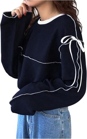Verdusa Women's Bow Tie Oversized Tees Crew Neck Long Sleeve Drop Shoulder Pullovers in Saudi Arabia