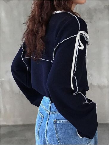 Verdusa Women's Bow Tie Oversized Tees Crew Neck Long Sleeve Drop Shoulder Pullovers in Saudi Arabia