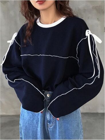 Verdusa Women's Bow Tie Oversized Tees Crew Neck Long Sleeve Drop Shoulder Pullovers in Saudi Arabia