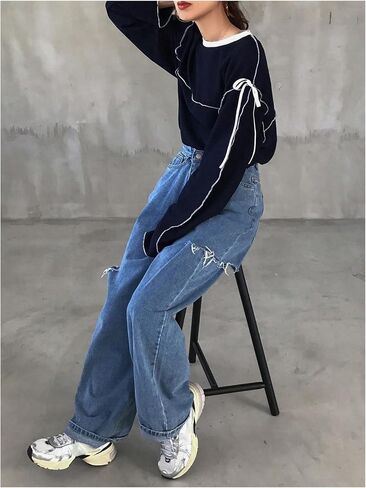 Verdusa Women's Bow Tie Oversized Tees Crew Neck Long Sleeve Drop Shoulder Pullovers in Saudi Arabia