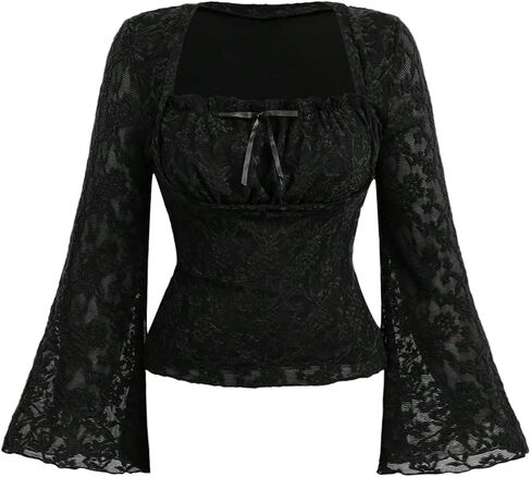 Floerns Women's Plus Size Grunge Floral Mesh Flare Sleeve T Shirt Bow Tie Square Neck Concert Tee Tops in Saudi Arabia
