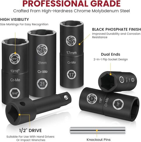 2-In-1 Lug Nut Removal Tool & Impact Socket Set, with 1/2" Drive, Easy Out Broken Bolt Extractor Kit, Ez Out Stripped Wheel Lock for Removing Rounded, Rusted Bolts, Nuts & Screw 7-Pieces(Red) in Saudi Arabia