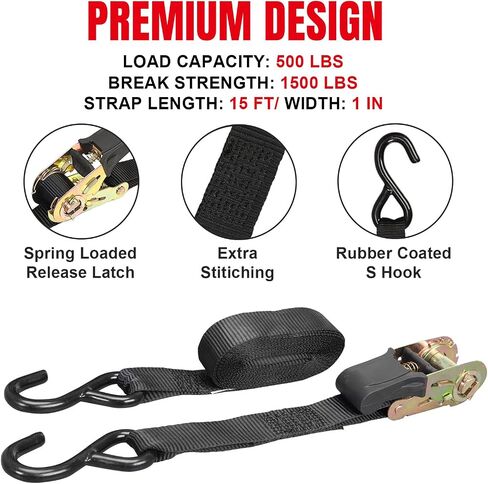 Ratchet Tie Down Straps, 1500 lbs Break Strength, 4-Pack 15 ft, Safety Lock S Hooks, 4 Soft Loops for Moving Cargo, Appliances, Lawn Equipment, Motorcycle in Saudi Arabia