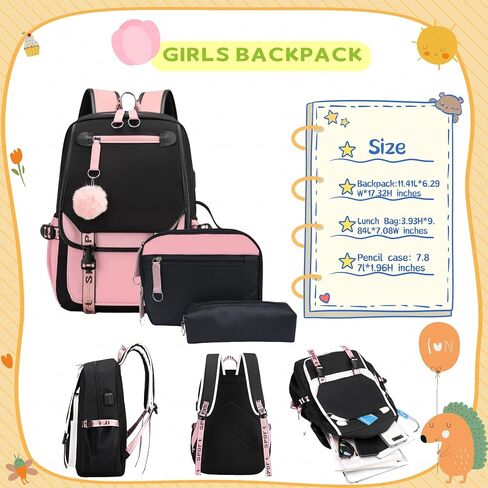 School Backpack for Girls Color-block School Bag with Lunch Box Pencil Case Set 3PCS Girls Backpack for School Kids Bookbag in Kuwait