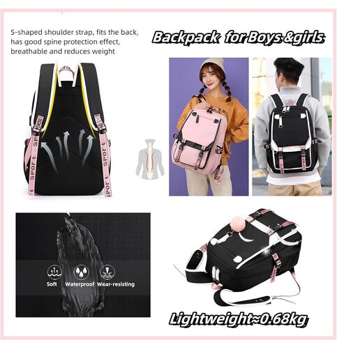 School Backpack for Girls Color-block School Bag with Lunch Box Pencil Case Set 3PCS Girls Backpack for School Kids Bookbag in Kuwait